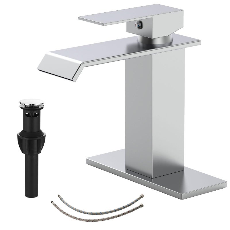 BATHLAVISH Chrome Bathroom Faucet, Modern Bathroom Faucet, Bathroom Sink Faucet 1 Hole, Waterfall Spout Single Handle Polished Chrome Vanity Lavatory RV with Pop Up Drain Parts with Overflow - Image 1